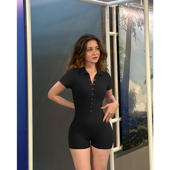 OQQ Women Black Yoga V Neck Stretch Tummy Control Exercise Rompers - Picture 6 of 6